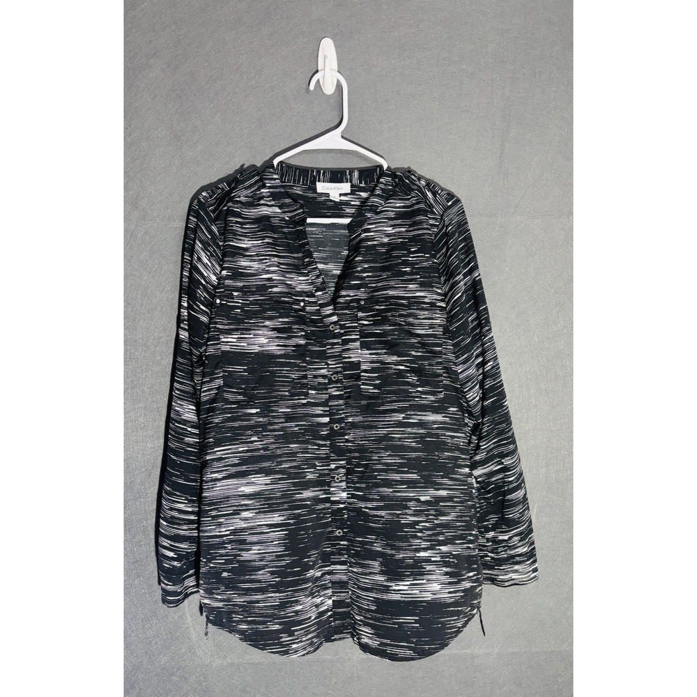 Calvin Klein Women's Blouse M Black White Abstract Print Roll Tab Sleeve - Picture 1 of 16